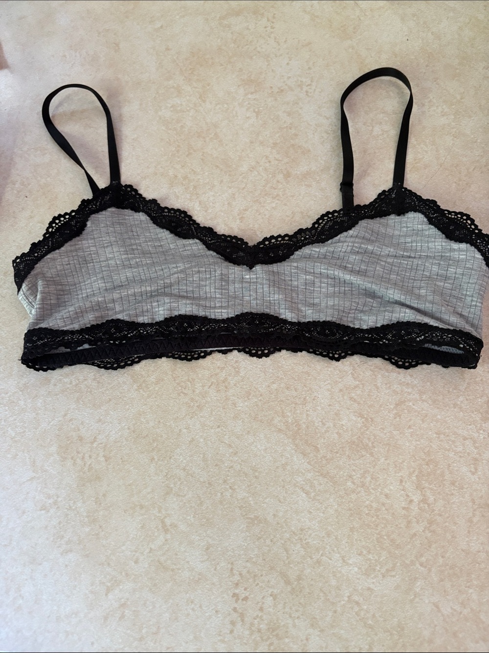 aerie Gray Ribbed Bralette with Black Lace Trim